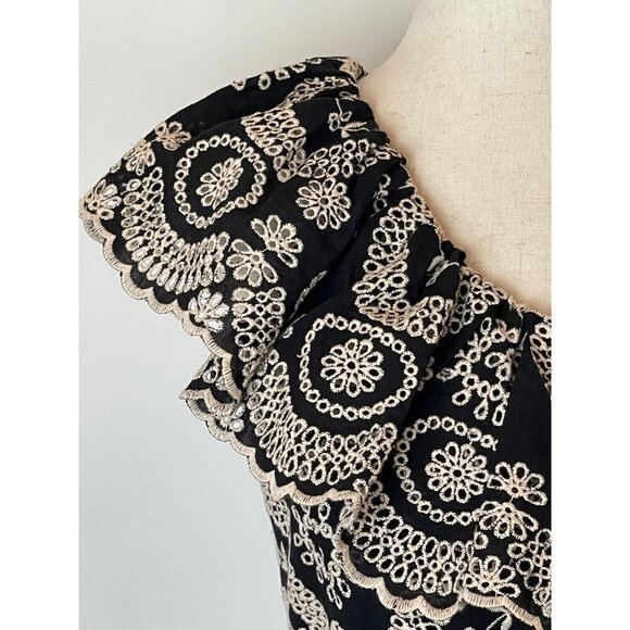 LoveShackFancy Black And Cream Pamela Asymmetric One Shoulder Flounce Dress S - Picture 11 of 14